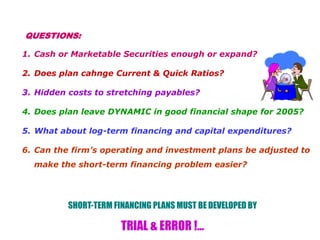 QUESTIONS:
1. Cash or Marketable Securities enough or expand?
2. Does plan cahnge Current & Quick Ratios?
3. Hidden costs to stretching payables?
4. Does plan leave DYNAMIC in good financial shape for 2005?
5. What about log-term financing and capital expenditures?
6. Can the firm’s operating and investment plans be adjusted to
make the short-term financing problem easier?
SHORT-TERM FINANCING PLANS MUST BE DEVELOPED BY
TRIAL & ERROR !...
 