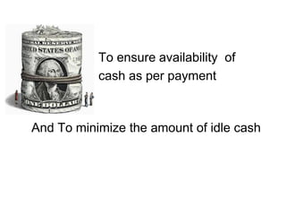 To ensure availability of
cash as per payment
schedule
And To minimize the amount of idle cash
 