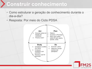 Construir conhecimento
• Como estruturar a geração de conhecimento durante o
  dia-a-dia?
• Resposta: Por meio do Ciclo PDSA
 