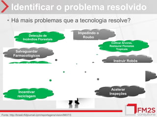 Identificar o problema resolvido
    • Há mais problemas que a tecnologia resolve?

                                                                 Impedindo o
                       Detecção de
                                                                   Roubo
                   Incêndios Florestais
                                                                                Cultivar Árvores,
                                                                               Restaurar Florestas
                                                                                    Tropicais
           Salvaguardar
          Farmacológicos
                                                                                  Instruir Robôs
          Reduzir a Poluição e
             Consumo de
             Combustível
                                                                                      Impulsionar as
                                                                                    Condições de Vida
              Gestão de
                                                                                     dos Fazendeiros
               energia
                                                                                Acelerar
               Incentivar                                                      Inspeções
              reciclagem




Fonte: http://brasil.rfidjournal.com/reportagens/vision/8837/3
 