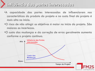 Influência das partes interessadas
•A capacidade das partes interessadas de influenciarem nas
  características do produto do projeto e no custo final do projeto é
  mais alta no início.
•O risco de não atingir os objetivos é maior no início do projeto. São
  maiores as incertezas.
•O custo das mudanças e da correção de erros geralmente aumenta
  conforme o projeto continua.
 