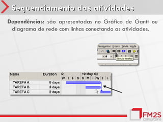 Sequenciamento das atividades
Dependências: são apresentadas no Gráfico de Gantt ou
 diagrama de rede com linhas conectando as atividades.
 