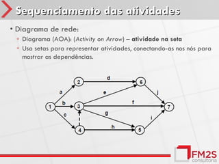 Sequenciamento das atividades
• Diagrama de rede:
 ◦ Diagrama (AOA): (Activity on Arrow) – atividade na seta
 ◦ Usa setas para representar atividades, conectando-as nos nós para
   mostrar as dependências.
 