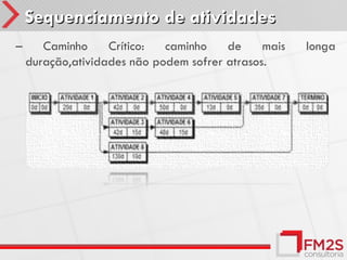 Sequenciamento de atividades
–      Caminho     Crítico:  caminho    de     mais   longa
    duração,atividades não podem sofrer atrasos.
 