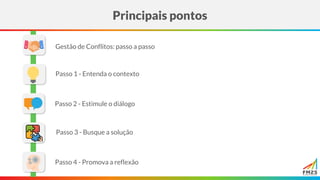 Principais pontos
Passo 2 - Estimule o diálogo
Gestão de Conflitos: passo a passo
Passo 1 - Entenda o contexto
Passo 3 - Busque a solução
Passo 4 - Promova a reflexão
 