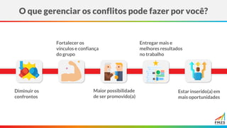 O que gerenciar os conflitos pode fazer por você?
Diminuir os
confrontos
Fortalecer os
vínculos e confiança
do grupo
Maior possibilidade
de ser promovido(a)
Entregar mais e
melhores resultados
no trabalho
Estar inserido(a) em
mais oportunidades
 