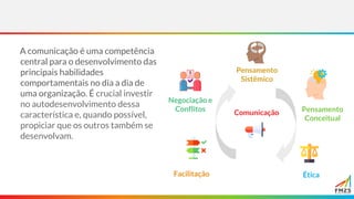 A comunicação é uma competência
central para o desenvolvimento das
principais habilidades
comportamentais no dia a dia de
uma organização. É crucial investir
no autodesenvolvimento dessa
característica e, quando possível,
propiciar que os outros também se
desenvolvam.
Comunicação
Pensamento
Sistêmico
Pensamento
Conceitual
Ética
Facilitação
Negociação e
Conflitos
 
