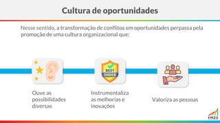 Nesse sentido, a transformação de conflitos em oportunidades perpassa pela
promoção de uma cultura organizacional que:
Cultura de oportunidades
Ouve as
possibilidades
diversas
Instrumentaliza
as melhorias e
inovações
Valoriza as pessoas
 