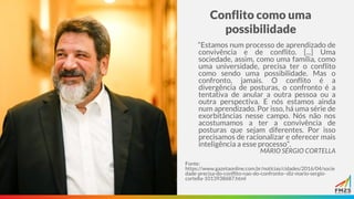Conflito como uma
possibilidade
“Estamos num processo de aprendizado de
convivência e de conflito. [...] Uma
sociedade, assim, como uma família, como
uma universidade, precisa ter o conflito
como sendo uma possibilidade. Mas o
confronto, jamais. O conflito é a
divergência de posturas, o confronto é a
tentativa de anular a outra pessoa ou a
outra perspectiva. E nós estamos ainda
num aprendizado. Por isso, há uma série de
exorbitâncias nesse campo. Nós não nos
acostumamos a ter a convivência de
posturas que sejam diferentes. Por isso
precisamos de racionalizar e oferecer mais
inteligência a esse processo”.
MÁRIO SÉRGIO CORTELLA
Fonte:
https://www.gazetaonline.com.br/noticias/cidades/2016/04/socie
dade-precisa-do-conflito-nao-do-confronto--diz-mario-sergio-
cortella-1013938687.html
 