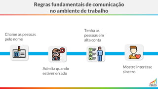 Regras fundamentais de comunicação
no ambiente de trabalho
Chame as pessoas
pelo nome
Admita quando
estiver errado
Tenha as
pessoas em
alta conta
Mostre interesse
sincero
 