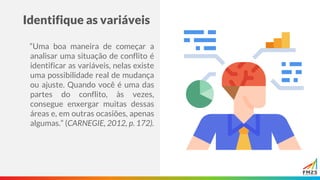 Identifique as variáveis
“Uma boa maneira de começar a
analisar uma situação de conflito é
identificar as variáveis, nelas existe
uma possibilidade real de mudança
ou ajuste. Quando você é uma das
partes do conflito, às vezes,
consegue enxergar muitas dessas
áreas e, em outras ocasiões, apenas
algumas.” (CARNEGIE, 2012, p. 172).
 