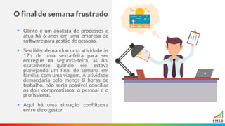 O final de semana frustrado
▪ Olinto é um analista de processos e
atua há 6 anos em uma empresa de
software para gestão de pessoas.
▪ Seu líder demandou uma atividade às
17h de uma sexta-feira para ser
entregue na segunda-feira, às 8h,
exatamente quando ele estava
planejando um final de semana em
família, com uma viagem. A atividade
demandaria pelo menos 8 horas de
trabalho, não seria possível conciliar
os dois compromissos: o pessoal e o
profissional.
▪ Aqui há uma situação conflituosa
entre ele o gestor.
 