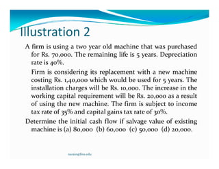 Illustration 2Illustration 2
A firm is using a two year old machine that was purchased
f R Th i i lif i D i ifor Rs. 70,000. The remaining life is 5 years. Depreciation
rate is 40%.
Firm is considering its replacement with a new machineFirm is considering its replacement with a new machine
costing Rs. 1,40,000 which would be used for 5 years. The
installation charges will be Rs. 10,000. The increase in the
working capital requirement will be Rs 20 000 as a resultworking capital requirement will be Rs. 20,000 as a result
of using the new machine. The firm is subject to income
tax rate of 35% and capital gains tax rate of 30%.
Determine the initial cash flow if salvage value of existing
machine is (a) 80,000 (b) 60,000 (c) 50,000 (d) 20,000.
narain@fms.edu
 