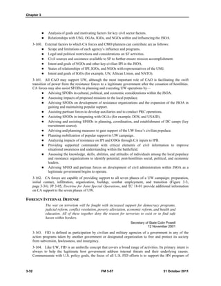 Chapter 3
3-32 FM 3-57 31 October 2011
 Analysis of goals and motivating factors for key civil sector factors.
 Relationships with USG, OGAs, IGOs, and NGOs within and influencing the JSOA.
3-160. External factors to which CA forces and CMO planners can contribute are as follows:
 Scope and limitations of each agency’s influence and programs.
 Legal and political restrictions and considerations on SF activities.
 Civil sources and assistance available to SF to further ensure mission accomplishment.
 Intent and goals of NGOs and other key civilian IPI in the JSOA.
 Status of relationships of IPI, IGOs, and NGOs with representatives of the USG.
 Intent and goals of IGOs (for example, UN, African Union, and NATO).
3-161. All CAO may support UW, although the most important role of CAO is facilitating the swift
transition of power from the resistance forces to a legitimate government after the cessation of hostilities.
CA forces may also assist SFODs in planning and executing UW operations by—
 Advising SFODs in cultural, political, and economic considerations within the JSOA.
 Assessing impacts of proposed missions to the local populace.
 Advising SFODs on development of resistance organizations and the expansion of the JSOA in
gaining and maintaining popular support.
 Assisting partisan forces to develop auxiliaries and to conduct PRC operations.
 Assisting SFODs in integrating with OGAs (for example; DOS, and USAID).
 Advising and assisting SFODs in planning, coordination, and establishment of DC camps (key
recruitment source).
 Advising and planning measures to gain support of the UW force’s civilian populace.
 Planning mobilization of popular support to UW campaign.
 Analyzing impacts of resistance on IPI and COGs through CA inputs to IPB.
 Providing supported commander with critical elements of civil information to improve
situational awareness and understanding within the battlefield.
 Assessing the knowledge, skills, abilities, and attitudes of individuals among the local populace
and resistance organizations to identify potential, post-hostilities social, political, and economic
leaders.
 Advising SFOD and partisan forces on development of civil administration within JSOA as a
legitimate government begins to operate.
3-162. CA forces are capable of providing support to all seven phases of a UW campaign: preparation,
initial contact, infiltration, organization, buildup, combat employment, and transition (Figure 3-3,
page 3-34). JP 3-05, Doctrine for Joint Special Operations, and TC 18-01 provide additional information
on CA support to the seven phases of UW.
FOREIGN INTERNAL DEFENSE
The war on terrorism will be fought with increased support for democracy programs,
judicial reform, conflict resolution, poverty alleviation, economic reform, and health and
education. All of these together deny the reason for terrorists to exist or to find safe
haven within borders.
Secretary of State Colin Powell
12 November 2001
3-163. FID is defined as participation by civilian and military agencies of a government in any of the
action programs taken by another government or designated organization to free and protect its society
from subversion, lawlessness, and insurgency.
3-164. Like UW, FID is an umbrella concept that covers a broad range of activities. Its primary intent is
always to help the legitimate host government address internal threats and their underlying causes.
Commensurate with U.S. policy goals, the focus of all U.S. FID efforts is to support the HN program of
 