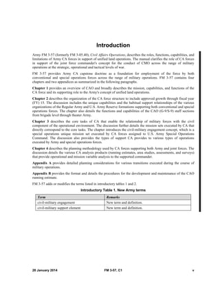 28 January 2014 FM 3-57, C1 v
Introduction
Army FM 3-57 (formerly FM 3-05.40), Civil Affairs Operations, describes the roles, functions, capabilities, and
limitations of Army CA forces in support of unified land operations. The manual clarifies the role of CA forces
in support of the joint force commander's concept for the conduct of CMO across the range of military
operations at the strategic, operational and tactical levels of war.
FM 3-57 provides Army CA capstone doctrine as a foundation for employment of the force by both
conventional and special operations forces across the range of military operations. FM 3-57 contains four
chapters and two appendices as summarized in the following paragraphs.
Chapter 1 provides an overview of CAO and broadly describes the mission, capabilities, and functions of the
CA force and its supporting role to the Army's concept of unified land operations.
Chapter 2 describes the organization of the CA force structure to include approved growth through fiscal year
(FY) 15. The discussion includes the unique capabilities and the habitual support relationships of the various
organizations of the Regular Army and U.S. Army Reserve formations supporting both conventional and special
operations forces. The chapter also details the functions and capabilities of the CAO (G-9/S-9) staff sections
from brigade level through theater Army.
Chapter 3 describes the core tasks of CA that enable the relationship of military forces with the civil
component of the operational environment. The discussion further details the mission sets executed by CA that
directly correspond to the core tasks. The chapter introduces the civil-military engagement concept, which is a
special operations unique mission set executed by CA forces assigned to U.S. Army Special Operations
Command. The discussion also provides the types of support CA provides to various types of operations
executed by Army and special operations forces.
Chapter 4 describes the planning methodology used by CA forces supporting both Army and joint forces. The
discussion details the various CA analysis products (running estimates, area studies, assessments, and surveys)
that provide operational and mission variable analysis to the supported commander.
Appendix A provides detailed planning considerations for various transitions executed during the course of
military operations.
Appendix B provides the format and details the procedures for the development and maintenance of the CAO
running estimate.
FM 3-57 adds or modifies the terms listed in introductory tables 1 and 2.
Introductory Table 1. New Army terms
Term Remarks
civil-military engagement New term and definition.
civil-military support element New term and definition.
 