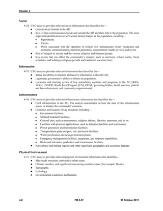 Chapter 4
4-8 FM 3-57 31 October 2011
Social
4-34. CAO analysis provides relevant social information that identifies the—
 Current social climate in the AO.
 Key civilian communicators inside and outside the AO and their link to the population. The most
important identifications are of various faction leaders in the population, including—
 Figureheads.
 Clerics.
 SMEs associated with the operation of critical civil infrastructure (water production and
treatment, communications, electrical generation, transportation, health services, and so on).
 Role of religion in society and the various religious and fraternal groups.
 Key events that can affect the commander’s mission, such as elections, school events, fiscal
schedules, and holidays (religious periods and traditional vacation time).
Information
4-35. CAO analysis provides relevant information that identifies the—
 Status and ability to transmit and receive information within the AO.
 Legitimate government’s ability to inform its population.
 Locations and meeting cycles of key nonmilitary agencies and programs in the AO (IGOs,
NGOs, UNHCR, World Food Program [UN], OFDA, governing bodies, health services, judicial
and law enforcement, and community organizations).
Infrastructure
4-36. CAO analysis provides relevant infrastructure information that identifies the—
 Civil infrastructure in the AO. The analyst concentrates on how the state of the infrastructure
assists or hinders the commander’s mission.
 Condition and location of key structures including—
 Government facilities.
 Medical treatment facilities.
 Cultural sites, such as monuments, religious shrines, libraries, museums, and so on.
 Facilities with practical applications, such as detention facilities and warehouses.
 Power generation and transmission facilities.
 Transportation grids and port, rail, and aerial facilities.
 Water purification and sewage treatment plants.
 Emergency management facilities, equipment, and response capabilities.
 Radio and television production and transmission facilities.
 Agricultural and mining regions and other significant geographic and economic features.
Physical Environment
4-37. CAO analysis provides relevant physical environment information that identifies—
 Man-made structures, particularly urban areas.
 Climate, weather, and significant reoccurring weather events (for example, floods).
 Topography.
 Hydrology.
 Environmental conditions and hazards.
 