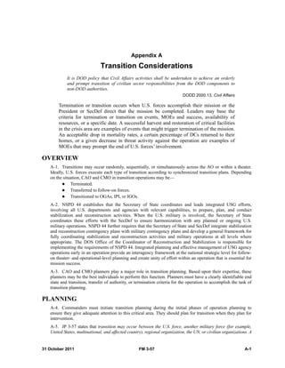 31 October 2011 FM 3-57 A-1
Appendix A
Transition Considerations
It is DOD policy that Civil Affairs activities shall be undertaken to achieve an orderly
and prompt transition of civilian sector responsibilities from the DOD components to
non-DOD authorities.
DODD 2000.13, Civil Affairs
Termination or transition occurs when U.S. forces accomplish their mission or the
President or SecDef direct that the mission be completed. Leaders may base the
criteria for termination or transition on events, MOEs and success, availability of
resources, or a specific date. A successful harvest and restoration of critical facilities
in the crisis area are examples of events that might trigger termination of the mission.
An acceptable drop in mortality rates, a certain percentage of DCs returned to their
homes, or a given decrease in threat activity against the operation are examples of
MOEs that may prompt the end of U.S. forces’ involvement.
OVERVIEW
A-1. Transitions may occur randomly, sequentially, or simultaneously across the AO or within a theater.
Ideally, U.S. forces execute each type of transition according to synchronized transition plans. Depending
on the situation, CAO and CMO in transition operations may be—
 Terminated.
 Transferred to follow-on forces.
 Transitioned to OGAs, IPI, or IGOs.
A-2. NSPD 44 establishes that the Secretary of State coordinates and leads integrated USG efforts,
involving all U.S. departments and agencies with relevant capabilities, to prepare, plan, and conduct
stabilization and reconstruction activities. When the U.S. military is involved, the Secretary of State
coordinates these efforts with the SecDef to ensure harmonization with any planned or ongoing U.S.
military operations. NSPD 44 further requires that the Secretary of State and SecDef integrate stabilization
and reconstruction contingency plans with military contingency plans and develop a general framework for
fully coordinating stabilization and reconstruction activities and military operations at all levels where
appropriate. The DOS Office of the Coordinator of Reconstruction and Stabilization is responsible for
implementing the requirements of NSPD 44. Integrated planning and effective management of USG agency
operations early in an operation provide an interagency framework at the national strategic level for follow-
on theater- and operational-level planning and create unity of effort within an operation that is essential for
mission success.
A-3. CAO and CMO planners play a major role in transition planning. Based upon their expertise, these
planners may be the best individuals to perform this function. Planners must have a clearly identifiable end
state and transition, transfer of authority, or termination criteria for the operation to accomplish the task of
transition planning.
PLANNING
A-4. Commanders must initiate transition planning during the initial phases of operation planning to
ensure they give adequate attention to this critical area. They should plan for transition when they plan for
intervention.
A-5. JP 3-57 states that transition may occur between the U.S. force, another military force (for example,
United States, multinational, and affected country), regional organization, the UN, or civilian organizations. A
 