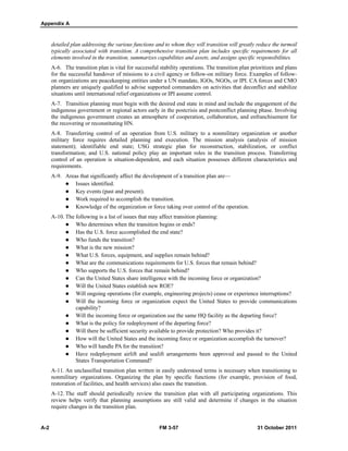 Appendix A
A-2 FM 3-57 31 October 2011
detailed plan addressing the various functions and to whom they will transition will greatly reduce the turmoil
typically associated with transition. A comprehensive transition plan includes specific requirements for all
elements involved in the transition, summarizes capabilities and assets, and assigns specific responsibilities.
A-6. The transition plan is vital for successful stability operations. The transition plan prioritizes and plans
for the successful handover of missions to a civil agency or follow-on military force. Examples of follow-
on organizations are peacekeeping entities under a UN mandate, IGOs, NGOs, or IPI. CA forces and CMO
planners are uniquely qualified to advise supported commanders on activities that deconflict and stabilize
situations until international relief organizations or IPI assume control.
A-7. Transition planning must begin with the desired end state in mind and include the engagement of the
indigenous government or regional actors early in the postcrisis and postconflict planning phase. Involving
the indigenous government creates an atmosphere of cooperation, collaboration, and enfranchisement for
the recovering or reconstituting HN.
A-8. Transferring control of an operation from U.S. military to a nonmilitary organization or another
military force requires detailed planning and execution. The mission analysis (analysis of mission
statement); identifiable end state; USG strategic plan for reconstruction, stabilization, or conflict
transformation; and U.S. national policy play an important roles in the transition process. Transferring
control of an operation is situation-dependent, and each situation possesses different characteristics and
requirements.
A-9. Areas that significantly affect the development of a transition plan are—
 Issues identified.
 Key events (past and present).
 Work required to accomplish the transition.
 Knowledge of the organization or force taking over control of the operation.
A-10. The following is a list of issues that may affect transition planning:
 Who determines when the transition begins or ends?
 Has the U.S. force accomplished the end state?
 Who funds the transition?
 What is the new mission?
 What U.S. forces, equipment, and supplies remain behind?
 What are the communications requirements for U.S. forces that remain behind?
 Who supports the U.S. forces that remain behind?
 Can the United States share intelligence with the incoming force or organization?
 Will the United States establish new ROE?
 Will ongoing operations (for example, engineering projects) cease or experience interruptions?
 Will the incoming force or organization expect the United States to provide communications
capability?
 Will the incoming force or organization use the same HQ facility as the departing force?
 What is the policy for redeployment of the departing force?
 Will there be sufficient security available to provide protection? Who provides it?
 How will the United States and the incoming force or organization accomplish the turnover?
 Who will handle PA for the transition?
 Have redeployment airlift and sealift arrangements been approved and passed to the United
States Transportation Command?
A-11. An unclassified transition plan written in easily understood terms is necessary when transitioning to
nonmilitary organizations. Organizing the plan by specific functions (for example, provision of food,
restoration of facilities, and health services) also eases the transition.
A-12. The staff should periodically review the transition plan with all participating organizations. This
review helps verify that planning assumptions are still valid and determine if changes in the situation
require changes in the transition plan.
 