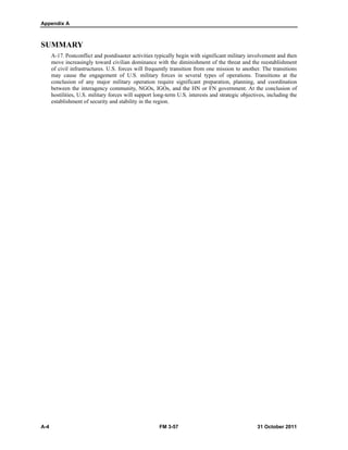 Appendix A
A-4 FM 3-57 31 October 2011
SUMMARY
A-17. Postconflict and postdisaster activities typically begin with significant military involvement and then
move increasingly toward civilian dominance with the diminishment of the threat and the reestablishment
of civil infrastructures. U.S. forces will frequently transition from one mission to another. The transitions
may cause the engagement of U.S. military forces in several types of operations. Transitions at the
conclusion of any major military operation require significant preparation, planning, and coordination
between the interagency community, NGOs, IGOs, and the HN or FN government. At the conclusion of
hostilities, U.S. military forces will support long-term U.S. interests and strategic objectives, including the
establishment of security and stability in the region.
 