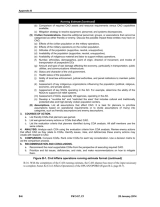 Appendix B
B-6 FM 3-57, C1 28 January 2014
Running Estimate (continued)
(b) Comparison of required CAO assets and resource requirements versus CAO capabilities
available.
(c) Mitigation strategy to resolve equipment, personnel, and systems discrepancies.
(5) Civilian Considerations. Describe additional personnel, groups, or associations that cannot be
categorized as either friendly or enemy. Discuss the possible impact these entities may have on
CAO.
(a) Effects of the civilian population on the military operations.
(b) Effects of the military operations on the civilian population.
(c) Attitudes of the population (supportive, neutral, unsupportive).
(d) Availability of the population (supportive, neutral, unsupportive).
(e) Availability of indigenous material and labor to support military operations.
(f) Number, ethnicities, demographics, point of origin, direction of movement, and modes of
transportation of prospective DCs
(g) Amount and type of war damage affecting the economy, particularly in transportation, public
utilities, and communications infrastructure.
(h) Status and character of the civil government.
(i) Health status of the population.
(j) Ability of local law enforcement, judicial authorities, and penal institutions to maintain public
order.
(k) Assessment of key indigenous organizations influencing the population (political, religious,
economic, and private sector).
(l) Assessment of key NGOs operating in the AO. For example, determine the ability of the
NGOs to support civil relief systems.
(m) Assessment of IGOs, especially UN agencies, operating in the AO.
(n) Develop a “no-strike list” and “restricted fire area” that includes cultural and traditionally
protected sites and high-density civilian population centers.
(6) Assumptions. List all assumptions that affect CAO. It is best for planners to prioritize
assumptions based on operational requirements or to divide assumptions (if many) into
categories, such as friendly assumptions and enemy assumptions.
3. COURSES OF ACTION.
a. List friendly COAs that planners war-gamed.
b. List war-gamed enemy actions or COAs that affect CAO.
c. List the evaluation criteria that planners identified during COA analysis. All staff members use the
same criteria.
4. ANALYSIS. Analyze each COA using the evaluation criteria from COA analysis. Review enemy actions
that affect CAO as they relate to COAs. Identify issues, risks, and deficiencies these enemy actions may
create with respect to CAO.
5. COMPARISON. Compare COAs. Rank order COAs for each key consideration. Use a decision matrix to
aid the comparison process.
6. RECOMMENDATION AND CONCLUSIONS.
a. Recommend the most supportable COAs from the perspective of executing required CAO.
b. Prioritize and list issues, deficiencies, and risks, and make recommendations on how to mitigate
them.
Figure B-1. Civil Affairs operations running estimate format (continued)
B-16. With the completion of the CAO running estimate, the CAO planner has most of the input necessary
to complete Annex K (Civil Affairs Operations) of the OPLAN/OPORD (Figure B-2, page B-7).
 