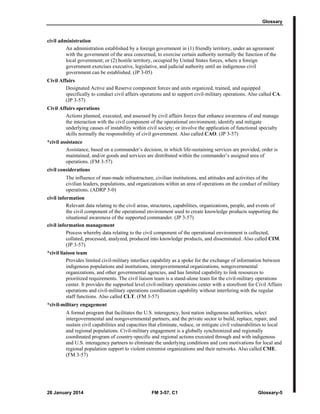 Glossary
28 January 2014 FM 3-57, C1 Glossary-5
civil administration
An administration established by a foreign government in (1) friendly territory, under an agreement
with the government of the area concerned, to exercise certain authority normally the function of the
local government; or (2) hostile territory, occupied by United States forces, where a foreign
government exercises executive, legislative, and judicial authority until an indigenous civil
government can be established. (JP 3-05)
Civil Affairs
Designated Active and Reserve component forces and units organized, trained, and equipped
specifically to conduct civil affairs operations and to support civil-military operations. Also called CA.
(JP 3-57)
Civil Affairs operations
Actions planned, executed, and assessed by civil affairs forces that enhance awareness of and manage
the interaction with the civil component of the operational environment; identify and mitigate
underlying causes of instability within civil society; or involve the application of functional specialty
skills normally the responsibility of civil government. Also called CAO. (JP 3-57)
*civil assistance
Assistance, based on a commander’s decision, in which life-sustaining services are provided, order is
maintained, and/or goods and services are distributed within the commander’s assigned area of
operations. (FM 3-57)
civil considerations
The influence of man-made infrastructure, civilian institutions, and attitudes and activities of the
civilian leaders, populations, and organizations within an area of operations on the conduct of military
operations. (ADRP 5-0)
civil information
Relevant data relating to the civil areas, structures, capabilities, organizations, people, and events of
the civil component of the operational environment used to create knowledge products supporting the
situational awareness of the supported commander. (JP 3-57)
civil information management
Process whereby data relating to the civil component of the operational environment is collected,
collated, processed, analyzed, produced into knowledge products, and disseminated. Also called CIM.
(JP 3-57)
*civil liaison team
Provides limited civil-military interface capability as a spoke for the exchange of information between
indigenous populations and institutions, intergovernmental organizations, nongovernmental
organizations, and other governmental agencies, and has limited capability to link resources to
prioritized requirements. The civil liaison team is a stand-alone team for the civil-military operations
center. It provides the supported level civil-military operations center with a storefront for Civil Affairs
operations and civil-military operations coordination capability without interfering with the regular
staff functions. Also called CLT. (FM 3-57)
*civil-military engagement
A formal program that facilitates the U.S. interagency, host nation indigenous authorities, select
intergovernmental and nongovernmental partners, and the private sector to build, replace, repair, and
sustain civil capabilities and capacities that eliminate, reduce, or mitigate civil vulnerabilities to local
and regional populations. Civil-military engagement is a globally synchronized and regionally
coordinated program of country-specific and regional actions executed through and with indigenous
and U.S. interagency partners to eliminate the underlying conditions and core motivations for local and
regional population support to violent extremist organizations and their networks. Also called CME.
(FM 3-57)
 