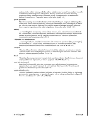 Glossary
28 January 2014 FM 3-57, C1 Glossary-9
defense articles, military training, and other defense-related services by grant, loan, credit, or cash sales
in furtherance of national policies and objectives. Security assistance is an element of security
cooperation funded and authorized by Department of State to be administered by Department of
Defense/Defense Security Cooperation Agency. Also called SA. (JP 3-22)
special operations
Operations requiring unique modes of employment, tactical techniques, equipment and training often
conducted in hostile, denied, or politically sensitive environments and characterized by one or more of
the following: time sensitive, clandestine, low visibility, conducted with and/or through indigenous
forces, requiring regional expertise, and/or a high degree of risk. Also called SO. (JP 3-05).
stability
An overarching term encompassing various military missions, tasks, and activities conducted outside
the United States in coordination with other instruments of national power to maintain or reestablish a
safe and secure environment, provide essential government services, emergency infrastructure
reconstruction, and humanitarian relief. (JP 3-0)
*support to civil administration
Assistance given by U.S. armed forces to stabilize or to continue the operations of the governing body
or civil structure of a foreign country, whether by assisting an established government or by
establishing military authority over an occupied population. Also called SCA. (FM 3-57)
terrorism
The unlawful use of violence or threat of violence to instill fear and coerce governments or societies.
Terrorism is often motivated by religious, political, or other ideological beliefs and committed in the
pursuit of goals that are usually political. (JP 3-07.2)
threat
The ability of an enemy or potential enemy to limit, neutralize, or destroy the effectiveness of a current
or projected mission, organization, or item of equipment. (TRADOC Reg 381-1)
uncertain environment
Operational environment in which host government forces, whether opposed to or receptive to
operations that a unit intends to conduct, do not have totally effective control of the territory and
population in the intended operational area. (JP 3-0)
unconventional warfare
Activities conducted to enable a resistance movement or insurgency to coerce, disrupt, or overthrow a
government or occupying power by operating through or with an underground, auxiliary, and guerrilla
force in a denied area. Also called UW. (FM 3-05)
 