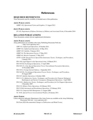 28 January 2014 FM 3-57, C1 References-1
References
REQUIRED REFERENCES
These documents must be available to intended users of this publication.
ARMY PUBLICATIONS
ADRP 1-02, Operational Terms and Graphics, 31 August 2012.
JOINT PUBLICATIONS
JP 1-02, Department of Defense Dictionary of Military and Associated Terms, 8 November 2010.
RELATED PUBLICATIONS
These documents contain relevant supplemental information.
ARMY PUBLICATIONS
Army publications are available at the Army Publishing Directorate Web site:
< http://www.apd.army.mil/>.
ADP 3-0, Unified Land Operations, 10 October 2011.
ADRP 3-0, Unified Land Operations, 16 May 2012.
ADRP 3-07, Stability, 9 January 2012.
ADRP 5-0, The Operations Process, 17 May 2012.
ADRP 6-0, Mission Command, 17 May 2012.
ATTP 3-18.04, Special Forces Special Reconnaissance Tactics, Techniques, and Procedures,
5 January 2011.
FM 1-04, Legal Support to the Operational Army, 18 March 2013.
FM 3-05.30, Psychological Operations, 15 April 2005.
FM 3-05.131, Army Special Operations Forces Noncombatant Evacuation Operations,
16 November 2009.
FM 3-05.2, Foreign Internal Defense, 1 September 2011.
FM 3-05.301, Psychological Operations Process Tactics, Techniques, and Procedures,
30 August 2007.
FM 3-07, Stability Operations, 6 October 2008.
FM 3-11.21, Multiservice Tactics, Techniques, and Procedures for Chemical, Biological,
Radiological, and Nuclear Consequence Management Operations, 1 April 2008.
FM 3-28.1, Multiservice Tactics, Techniques, and Procedures for Civil Support Operations,
3 December 2007.
FM 3-39, Military Police Operations, 16 February 2010.
FM 3-39.40, Internment and Resettlement Operations, 12 February 2010.
FM 5-19, Composite Risk Management, 21 August 2006.
TC 18-01, Special Forces Unconventional Warfare, 28 January 2011.
ARMY FORMS
Unless otherwise indicated, Department of the Army Forms are available on the Army Publishing
Directorate Web site: <www.apd.army.mil>.
DA Form 2028 (Recommended Changes to Publications and Blank Forms).
 