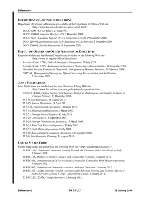 References
References-2 FM 3-57, C1 28 January 2014
DEPARTMENT OF DEFENSE PUBLICATIONS
Department of Defense publications are available at the Department of Defense Web site:
<http://www.dtic.mil/whs/directives/corres/ins1.html>.
DODD 2000.13, Civil Affairs, 27 June 1994.
DODD 3000.07, Irregular Warfare (IW), 1 December 2008.
DODD 3025.18, Defense Support of Civil Authorities (DSCA), 29 December 2010.
DODI 2205.02, Humanitarian and Civic Assistance (HCA) Activities, 2 December 2008.
DODI 3000.05, Stability Operations. 16 September 2009.
EXECUTIVE ORDERS AND OTHER PRESIDENTIAL DIRECTIVES
Executive Orders and Presidential Directives are available on the following Web site:
<http://www.fas.org/irp/offdocs/direct.htm>.
Executive Order 12148, Federal Emergency Management, 20 July 1979.
Executive Order 12656, Assignment of Emergency Preparedness Responsibilities, 18 November 1988.
Homeland Security Presidential Directive-5, Management of Domestic Incidents, 28 February 2003.
NSPD 44, Management of Interagency Efforts Concerning Reconstruction and Stabilization,
7 December 2005.
JOINT PUBLICATIONS
Joint Publications are available on the Joint Electronic Library Web site:
<http://www.dtic.mil/doctrine/new_pubs/jointpub_operations.htm>.
CJCSI 3214.01D, Defense Support for Chemical, Biological, Radiological, and Nuclear Incidents on
Foreign Territory, 31 December 2011.
JP 3-0, Joint Operations, 11 August 2011.
JP 3-05, Special Operations, 18 April 2011.
JP 3-13.2, Psychological Operations, 7 January 2010.
JP 3-16, Multinational Operations, 7 March 2007.
JP 3-22, Foreign Internal Defense, 12 July 2010.
JP 3-28, Civil Support, 14 September 2007.
JP 3-29, Foreign Humanitarian Assistance, 17 March 2009.
JP 3-33, Joint Task Force Headquarters, 30 July 2012.
JP 3-57, Civil-Military Operations, 8 July 2008.
JP 3-68, Noncombatant Evacuation Operations, 23 December 2010.
JP 5-0, Joint Operation Planning, 11 August 2011.
UNITED STATES CODES
United States codes are available at the following Web site: <http://uscodebeta.house.gov//>.
10 USC 166a, Combatant Commands Funding Through the Chairman of the Joint Chiefs of Staff,
3 January 2012.
10 USC 168, Military-to-Military Contacts and Comparable Activities, 3 January 2012.
10 USC 401, Humanitarian and Civic Assistance Provided in Conjunction With Military Operations,
3 January 2012.
10 USC 407, Humanitarian Demining Assistance: Authority Limitation, 3 January 2012.
10 USC 3037, Judge Advocate General, Assistant Judge Advocate General, and General Officers of
Judge Advocate General’s Corps: Appointment; Duties, 3 January 2012.
22 USC 2292–2292k, Foreign Assistance, 3 January 2012.
 