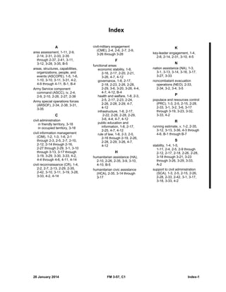 28 January 2014 FM 3-57, C1 Index-1
Index
A
area assessment, 1-11, 2-9,
2-14, 2-31, 2-33, 2-35
through 2-37, 2-41, 3-11,
3-12, 3-28, 3-35, B-5
areas, structures, capabilities,
organizations, people, and
events (ASCOPE), 1-5, 1-6,
1-10, 3-10, 3-11, 3-31, 4-2,
4-9 through 4-11, B-1, B-4
Army Service component
command (ASCC), iv, 2-4,
2-9, 2-10, 2-26, 2-27, 2-38
Army special operations forces
(ARSOF), 2-34, 2-38, 3-31,
3-35
C
civil administration
in friendly territory, 3-18
in occupied territory, 3-18
civil information management
(CIM), 1-2, 1-3, 1-6, 2-1
through 2-3, 2-5, 2-7, 2-10,
2-12, 2-14 through 2-16,
2-27 through 2-29, 3-1, 3-10
through 3-13, 3-17 through
3-19, 3-29, 3-30, 3-33, 4-2,
4-4 through 4-6, 4-11, 4-14
civil reconnaissance (CR), 1-4,
2-2, 2-7, 2-13, 2-29, 2-35,
2-42, 3-10, 3-11, 3-19, 3-28,
3-33, 4-2, 4-14
civil-military engagement
(CME), 2-4, 2-6, 2-7, 2-9,
3-26 through 3-28
F
functional areas
economic stability, 1-8,
2-16, 2-17, 2-20, 2-21,
3-26, 4-7, 4-12
governance, 1-8, 2-17,
2-18, 2-23, 2-26, 2-28,
2-29, 3-6, 3-20, 3-26, 4-4,
4-7, 4-12, B-4
health and welfare, 1-8, 2-3,
2-5, 2-17, 2-23, 2-24,
2-26, 2-28, 2-29, 4-7,
4-12
infrastructure, 1-8, 2-17,
2-22, 2-26, 2-28, 2-29,
3-6, 4-4, 4-7, 4-12
public education and
information, 1-8, 2-17,
2-25, 4-7, 4-12
rule of law, 1-8, 2-3, 2-5,
2-16 through 2-19, 2-26,
2-28, 2-29, 3-26, 4-7,
4-12
H
humanitarian assistance (HA),
2-10, 2-26, 2-35, 3-9, 3-10,
4-10, B-5
humanitarian civic assistance
(HCA), 2-35, 3-14 through
3-17
K
key-leader engagement, 1-4,
2-8, 2-14, 2-31, 3-10, 4-5
N
nation assistance (NA), 1-3,
3-1, 3-13, 3-14, 3-16, 3-17,
3-27, 3-33
noncombatant evacuation
operations (NEO), 2-33,
2-34, 3-2, 3-4, 3-5
P
populace and resources control
(PRC), 1-3, 2-5, 2-15, 2-28,
2-33, 3-1, 3-2, 3-6, 3-17
through 3-19, 3-23, 3-32,
3-33, 4-2
R
running estimate, v, 1-2, 2-35,
3-12, 3-13, 3-36, 4-3 through
4-6, B-1 through B-7
S
stability, 1-4, 1-5,
1-11, 2-4, 2-5, 2-9 through
2-12, 2-17, 2-18, 2-26, 2-28,
3-18 through 3-21, 3-23
through 3-26, 3-29, 3-33,
A-2
support to civil administration
(SCA), 1-3, 2-5, 2-15, 2-26,
2-28, 2-33, 2-42, 3-1, 3-17,
3-18, 3-33, 4-2
 