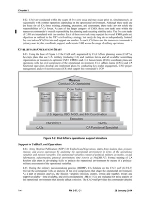 Chapter 1
1-4 FM 3-57, C1 28 January 2014
1-12. CAO are conducted within the scope of five core tasks and may occur prior to, simultaneously, or
sequentially with combat operations depending on the operational environment. Although these tasks are
the focus for all CA force training, planning, execution, and assessment, these tasks are not solely the
responsibilities of CA forces. As part of the larger category of CMO, these core tasks nest within the
maneuver commander’s overall responsibility for planning and executing stability tasks. The five core tasks
of CAO are interrelated with one another. Each of these core tasks may support the overall CMO goals and
objectives as outlined in the JFC’s civil-military strategy, but rarely do they do so independently. Instead,
the core tasks of CAO tie into and support one another. As such, CA forces are the maneuver commander’s
primary asset to plan, coordinate, support, and execute CAO across the range of military operations.
CIVILAFFAIRS OPERATIONS STAFF
1-13. Using the base of Figure 1-2 the CAO staff, augmented by Civil Affairs planning teams (CAPTs),
develops plans that use U.S. military (including CA) and coalition forces and all available nonmilitary
organizations or resources to optimize CMO. CMOCs and civil liaison teams (CLTs) coordinate plans and
operations with the civil component of the operational environment. Civil Affairs teams (CATs) and CA
functional specialists develop and implement plans by conducting key-leader engagement, CAO project
management, and civil reconnaissance (CR) that support the commander’s COP.
Figure 1-2. Civil Affairs operational support structure
Support to Unified Land Operations
1-14. Army Doctrine Publication (ADP) 3-0, Unified Land Operations, states Army leaders plan, prepare,
execute, and assess operations by analyzing the operational environment in terms of the operational
variables and mission variables. The operational variables consist of political, military, economic, social,
information, infrastructure, physical environment, time (known as PMESII-PT). Formal training of CA
Soldiers aids them in developing skills to analyze the operational environment by means of a political-
military assessment of the operational variables.
1-15. During the military decisionmaking process (MDMP), CA Soldiers on the CAO staff (G-9/S-9)
provide the commander with an analysis of the civil components that shape the operational environment.
As a part of mission analysis, the mission variables (mission, enemy, terrain and weather, troops and
support available—time available, and civil considerations [METT-TC]) are evaluated for those aspects of
the operational environment that directly affect a mission. The CAO staff provides the commander detailed
 
