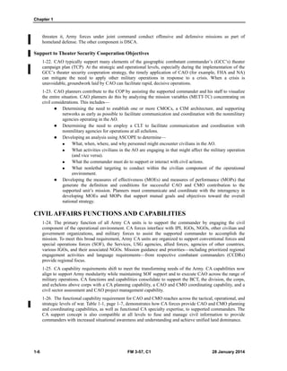 Chapter 1
1-6 FM 3-57, C1 28 January 2014
threaten it, Army forces under joint command conduct offensive and defensive missions as part of
homeland defense. The other component is DSCA.
Support to Theater Security Cooperation Objectives
1-22. CAO typically support many elements of the geographic combatant commander’s (GCC’s) theater
campaign plan (TCP). At the strategic and operational levels, especially during the implementation of the
GCC’s theater security cooperation strategy, the timely application of CAO (for example, FHA and NA)
can mitigate the need to apply other military operations in response to a crisis. When a crisis is
unavoidable, groundwork laid by CAO can facilitate rapid, decisive operations.
1-23. CAO planners contribute to the COP by assisting the supported commander and his staff to visualize
the entire situation. CAO planners do this by analyzing the mission variables (METT-TC) concentrating on
civil considerations. This includes—
 Determining the need to establish one or more CMOCs, a CIM architecture, and supporting
networks as early as possible to facilitate communication and coordination with the nonmilitary
agencies operating in the AO.
 Determining the need to employ a CLT to facilitate communication and coordination with
nonmilitary agencies for operations at all echelons.
 Developing an analysis using ASCOPE to determine—
 What, when, where, and why personnel might encounter civilians in the AO.
 What activities civilians in the AO are engaging in that might affect the military operation
(and vice versa).
 What the commander must do to support or interact with civil actions.
 What nonlethal targeting to conduct within the civilian component of the operational
environment.
 Developing the measures of effectiveness (MOEs) and measures of performance (MOPs) that
generate the definition and conditions for successful CAO and CMO contribution to the
supported unit’s mission. Planners must communicate and coordinate with the interagency in
developing MOEs and MOPs that support mutual goals and objectives toward the overall
national strategy.
CIVILAFFAIRS FUNCTIONS AND CAPABILITIES
1-24. The primary function of all Army CA units is to support the commander by engaging the civil
component of the operational environment. CA forces interface with IPI, IGOs, NGOs, other civilian and
government organizations, and military forces to assist the supported commander to accomplish the
mission. To meet this broad requirement, Army CA units are organized to support conventional forces and
special operations forces (SOF), the Services, USG agencies, allied forces, agencies of other countries,
various IGOs, and their associated NGOs. Mission guidance and priorities—including prioritized regional
engagement activities and language requirements—from respective combatant commanders (CCDRs)
provide regional focus.
1-25. CA capability requirements shift to meet the transforming needs of the Army. CA capabilities now
align to support Army modularity while maintaining SOF support and to execute CAO across the range of
military operations. CA functions and capabilities consolidate to support the BCT, the division, the corps,
and echelons above corps with a CA planning capability, a CAO and CMO coordinating capability, and a
civil sector assessment and CAO project management capability.
1-26. The functional capability requirement for CAO and CMO reaches across the tactical, operational, and
strategic levels of war. Table 1-1, page 1-7, demonstrates how CA forces provide CAO and CMO planning
and coordinating capabilities, as well as functional CA specialty expertise, to supported commanders. The
CA support concept is also compatible at all levels to fuse and manage civil information to provide
commanders with increased situational awareness and understanding and achieve unified land dominance.
 