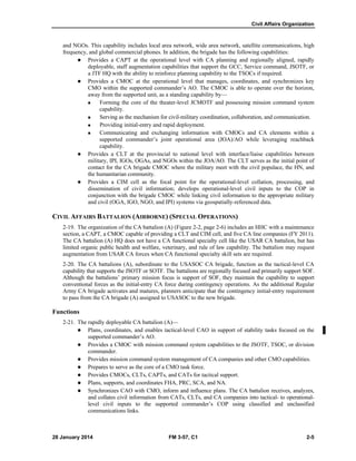 Civil Affairs Organization
28 January 2014 FM 3-57, C1 2-5
and NGOs. This capability includes local area network, wide area network, satellite communications, high
frequency, and global commercial phones. In addition, the brigade has the following capabilities:
 Provides a CAPT at the operational level with CA planning and regionally aligned, rapidly
deployable, staff augmentation capabilities that support the GCC, Service command, JSOTF, or
a JTF HQ with the ability to reinforce planning capability to the TSOCs if required.
 Provides a CMOC at the operational level that manages, coordinates, and synchronizes key
CMO within the supported commander’s AO. The CMOC is able to operate over the horizon,
away from the supported unit, as a standing capability by—
 Forming the core of the theater-level JCMOTF and possessing mission command system
capability.
 Serving as the mechanism for civil-military coordination, collaboration, and communication.
 Providing initial-entry and rapid deployment.
 Communicating and exchanging information with CMOCs and CA elements within a
supported commander’s joint operational area (JOA)/AO while leveraging reachback
capability.
 Provides a CLT at the provincial to national level with interface/liaise capabilities between
military, IPI, IGOs, OGAs, and NGOs within the JOA/AO. The CLT serves as the initial point of
contact for the CA brigade CMOC where the military meet with the civil populace, the HN, and
the humanitarian community.
 Provides a CIM cell as the focal point for the operational-level collation, processing, and
dissemination of civil information; develops operational-level civil inputs to the COP in
conjunction with the brigade CMOC while linking civil information to the appropriate military
and civil (OGA, IGO, NGO, and IPI) systems via geospatially-referenced data.
CIVIL AFFAIRS BATTALION (AIRBORNE) (SPECIAL OPERATIONS)
2-19. The organization of the CA battalion (A) (Figure 2-2, page 2-6) includes an HHC with a maintenance
section, a CAPT, a CMOC capable of providing a CLT and CIM cell, and five CA line companies (FY 2011).
The CA battalion (A) HQ does not have a CA functional specialty cell like the USAR CA battalion, but has
limited organic public health and welfare, veterinary, and rule of law capability. The battalion may request
augmentation from USAR CA forces when CA functional specialty skill sets are required.
2-20. The CA battalions (A), subordinate to the USASOC CA brigade, function as the tactical-level CA
capability that supports the JSOTF or SOTF. The battalions are regionally focused and primarily support SOF.
Although the battalions’ primary mission focus is support of SOF, they maintain the capability to support
conventional forces as the initial-entry CA force during contingency operations. As the additional Regular
Army CA brigade activates and matures, planners anticipate that the contingency initial-entry requirement
to pass from the CA brigade (A) assigned to USASOC to the new brigade.
Functions
2-21. The rapidly deployable CA battalion (A)—
 Plans, coordinates, and enables tactical-level CAO in support of stability tasks focused on the
supported commander’s AO.
 Provides a CMOC with mission command system capabilities to the JSOTF, TSOC, or division
commander.
 Provides mission command system management of CA companies and other CMO capabilities.
 Prepares to serve as the core of a CMO task force.
 Provides CMOCs, CLTs, CAPTs, and CATs for tactical support.
 Plans, supports, and coordinates FHA, PRC, SCA, and NA.
 Synchronizes CAO with CMO, inform and influence plans. The CA battalion receives, analyzes,
and collates civil information from CATs, CLTs, and CA companies into tactical- to operational-
level civil inputs to the supported commander’s COP using classified and unclassified
communications links.
 
