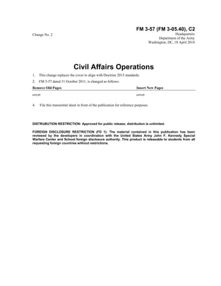 FM 3-57 (FM 3-05.40), C2
Change No. 2 Headquarters
Department of the Army
Washington, DC, 18 April 2014
Civil Affairs Operations
1. This change replaces the cover to align with Doctrine 2015 standards.
2. FM 3-57 dated 31 October 2011, is changed as follows:
Remove Old Pages Insert New Pages
cover cover
4. File this transmittal sheet in front of the publication for reference purposes.
DISTRUBUTION RESTRICTION: Approved for public release; distribution is unlimited.
FOREIGN DISCLOSURE RESTRICTION (FD 1): The material contained in this publication has been
reviewed by the developers in coordination with the United States Army John F. Kennedy Special
Warfare Center and School foreign disclosure authority. This product is releasable to students from all
requesting foreign countries without restrictions.
 