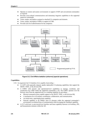 Chapter 2
2-6 FM 3-57, C1 28 January 2014
 Operates in remote and austere environments in support of SOF and conventional commanders
as required.
 Provides cross-cultural communications and elementary linguistic capabilities to the supported
maneuver commander.
 Trains, equips, and deploys assigned or attached CA companies and elements.
 Trains, equips, and deploys CMSEs in support of CME.
 Provides unit-level administration for the companies.
Figure 2-2. Civil Affairs battalion (airborne) (special operations)
Capabilities
2-22. As organized, the CA battalion (A) is capable of providing—
 A CAPT with regionally aligned, rapidly deployable CA planning capabilities that support the
JSOTF, TSOC, or the division HQ.
 A CMOC with tactical- and operational-level capabilities to manage, coordinate, and
synchronize key CMO within the supported commander’s AO. The CMOC operates over the
horizon, away from the supported unit, as a standing capability by providing—
 Mission-command-system capable support to the JSOTF, TSOC, or the division HQ.
 A mechanism for civil-military coordination, collaboration, and communication.
 An initial-entry, rapid-deployment capability.
 Network capability to all CMOCs and CA elements within the supported commander’s
environment via technical lines of communication while leveraging the reachback capability.
 A CLT with local- to provincial-level interface and liaise capability between civil-military, HN,
and humanitarian elements within the AO.
 