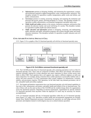 Civil Affairs Organization
28 January 2014 FM 3-57, C1 2-17
 Infrastructure pertains to designing, building, and maintaining the organizations, systems,
and architecture required to support transportation, water, communications, and power. This
discipline includes CA specialists in public transportation, public works and utilities, and
public communication.
 Governance pertains to creating, resourcing, managing, and sustaining the institutions and
processes that govern, protect, and bring prosperity to a society. This discipline includes CA
specialists in public administration, environmental management, and public safety areas.
 Public health and welfare pertains to the systems, institutions, programs, and practices that
promote the physical, mental, and social well-being of a society. This discipline includes
CA specialists in public health and cultural relations.
 Public education and information pertains to designing, resourcing, and implementing
public education and public information programs and systems through media and formal
education institutions. This discipline includes CA specialists in public education and civil
information.
CIVIL AFFAIRS FUNCTIONAL SPECIALTY CELL
2-55. Figure 2-10 is a graphic of the CA functional specialty cell with the six functional specialty areas.
Figure 2-10. Civil Affairs command functional specialty cell
2-56. The CACOM provides three CA functional specialty cells containing specialists in all six of the CA
functional specialty areas. These cells are composed of Soldiers, both officer and enlisted, with technical
expertise (normally acquired by civilian education and career experience) in those civilian sectors most
likely to affect CMO. Each operation that a cell supports may require a different emphasis on skills and
team composition. For example, during a transition from combat operations to postconflict stability tasks or
advise and assist missions, CA force requirements place greater emphasis on infrastructure, economic
stability, and governance expertise. FHA operations, on the other hand, may demand governance, rule of
law, and public health and welfare emphasis.
2-57. The brigade and battalion organizations have one functional specialty cell with limited capabilities in
four (rule of law, infrastructure, governance, and public health and welfare) of the six functional areas. The
roles of these cells are the same as those of the CACOM and the modular design allows for augmentation
across the operational spectrum. Depending on mission requirements, augmentation by specific technical
CA functional specialists from anywhere within the deployed CA assets may be necessary for mission
accomplishment.
2-58. CA functional specialists fall into 14 functional specialties within the six CA functional specialty
areas (Figure 2-11, page 2-18). Specialists in public health and environmental management are formally
trained Army Medical Department personnel, international law specialists are staff judge advocate (SJA)
personnel, and chaplains trained in world religions may act as cultural relations specialists.
 