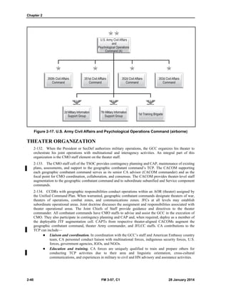 Chapter 2
2-40 FM 3-57, C1 28 January 2014
Figure 2-17. U.S. Army Civil Affairs and Psychological Operations Command (airborne)
THEATER ORGANIZATION
2-132. When the President or SecDef authorizes military operations, the GCC organizes his theater to
orchestrate his joint operations with multinational and interagency activities. An integral part of this
organization is the CMO staff element on the theater staff.
2-133. The CMO staff cell of the TSOC provides contingency planning and CAP, maintenance of existing
plans, assessments, and support to the geographic combatant command’s TCP. The CACOM supporting
each geographic combatant command serves as its senior CA advisor (CACOM commander) and as the
focal point for CMO coordination, collaboration, and consensus. The CACOM provides theater-level staff
augmentation to the geographic combatant command and to subordinate subunified and Service component
commands.
2-134. CCDRs with geographic responsibilities conduct operations within an AOR (theater) assigned by
the Unified Command Plan. When warranted, geographic combatant commands designate theaters of war,
theaters of operations, combat zones, and communications zones. JFCs at all levels may establish
subordinate operational areas. Joint doctrine discusses the assignment and responsibilities associated with
theater operational areas. The Joint Chiefs of Staff provide guidance and directives to the theater
commander. All combatant commands have CMO staffs to advise and assist the GCC in the execution of
CMO. They also participate in contingency planning and CAP and, when required, deploy as a member of
the deployable JTF augmentation cell. CAPTs from respective theater-aligned CACOMs augment the
geographic combatant command, theater Army commander, and JFLCC staffs. CA contributions to the
TCP can include—
 Liaison and coordination. In coordination with the GCC’s staff and American Embassy country
team, CA personnel conduct liaison with multinational forces, indigenous security forces, U.S.
forces, government agencies, IGOs, and NGOs.
 Education and training. CA forces are uniquely qualified to train and prepare others for
conducting TCP activities due to their area and linguistic orientation, cross-cultural
communications, and experiences in military to civil and HN advisory and assistance activities.
 