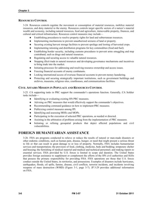 Chapter 3
3-6 FM 3-57 31 October 2011
RESOURCES CONTROL
3-24. Resources controls regulate the movement or consumption of material resources, mobilize materiel
resources, and deny materiel to the enemy. Resources controls target specific sectors of a nation’s material
wealth and economy, including natural resources, food and agriculture, immoveable property, finances, and
cultural and critical infrastructure. Resources control measures may include—
 Establishing procedures to resolve property rights for land and subterranean resources.
 Implementing mechanisms to prevent unauthorized seizures of land or property.
 Securing existing harvest storage facilities to prevent spoilage and looting of harvested crops.
 Implementing rationing and distribution programs for key commodities (food and fuel).
 Establishing border security, including customs procedures to prevent arms smuggling and stop
contraband, such as drugs and natural resources.
 Regulating and securing access to valuable natural resources.
 Stopping illicit trade in natural resources and developing governance mechanisms and incentives
to bring trade into the market.
 Initiating processes for addressing and resolving resource ownership and access issues.
 Freezing financial accounts of enemy combatants.
 Locking international access of overseas financial accounts to prevent money laundering.
 Protecting and securing strategically important institutions, such as government buildings and
archives, museums, religious sites, courthouses, and communications facilities.
CIVIL AFFAIRS MISSION IN POPULACE AND RESOURCES CONTROL
3-25. CA supporting tasks in PRC support the commander’s operations function. Generally, CA Soldier
tasks include—
 Identifying or evaluating existing HN PRC measures.
 Advising on PRC measures that would effectively support the commander’s objectives.
 Recommending command guidance on how to implement PRC measures.
 Publicizing control measures among IPI.
 Identifying and assessing MOEs and MOPs.
 Participating in the execution of selected PRC operations, as needed or directed.
 Assisting in the arbitration of problems arising from the implementation of PRC measures.
 Initiating or refining geospatial products that depict affected populations and civil
vulnerabilities.
FOREIGN HUMANITARIAN ASSISTANCE
3-26. FHA are programs conducted to relieve or reduce the results of natural or man-made disasters or
other endemic conditions, such as human pain, disease, hunger, or need that might present a serious threat
to life or that can result in great damage to or loss of property. Normally, FHA includes humanitarian
services and transportation; the provision of food, clothing, medicine, beds and bedding; temporary shelter
and housing; the furnishing of medical materiel and medical and technical personnel; and making repairs to
essential services. FHA provided by U.S. forces is limited in scope and duration. The United States
provides foreign assistance to supplement or complement the efforts of the HN civil authorities and IGOs
that possess the primary responsibility for providing FHA. FHA operations are those that U.S. forces
conduct outside the United States, its territories, and possessions. Examples of disasters include hurricanes,
earthquakes, floods, oil spills, famine, disease, civil conflicts, terrorist incidents, and incidents involving
weapons of mass destruction (WMD) (Figure 3-1, page 3-7). JP 3-29 provides additional information
on FHA.
 