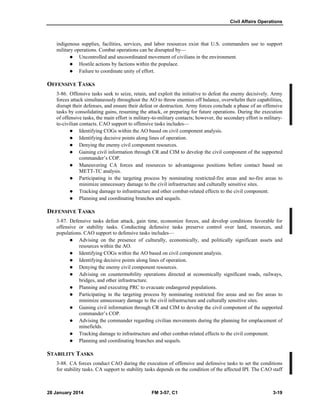 Civil Affairs Operations
28 January 2014 FM 3-57, C1 3-19
indigenous supplies, facilities, services, and labor resources exist that U.S. commanders use to support
military operations. Combat operations can be disrupted by—
 Uncontrolled and uncoordinated movement of civilians in the environment.
 Hostile actions by factions within the populace.
 Failure to coordinate unity of effort.
OFFENSIVE TASKS
3-86. Offensive tasks seek to seize, retain, and exploit the initiative to defeat the enemy decisively. Army
forces attack simultaneously throughout the AO to throw enemies off balance, overwhelm their capabilities,
disrupt their defenses, and ensure their defeat or destruction. Army forces conclude a phase of an offensive
tasks by consolidating gains, resuming the attack, or preparing for future operations. During the execution
of offensive tasks, the main effort is military-to-military contacts; however, the secondary effort is military-
to-civilian contacts. CAO support to offensive tasks includes—
 Identifying COGs within the AO based on civil component analysis.
 Identifying decisive points along lines of operation.
 Denying the enemy civil component resources.
 Gaining civil information through CR and CIM to develop the civil component of the supported
commander’s COP.
 Maneuvering CA forces and resources to advantageous positions before contact based on
METT-TC analysis.
 Participating in the targeting process by nominating restricted-fire areas and no-fire areas to
minimize unnecessary damage to the civil infrastructure and culturally sensitive sites.
 Tracking damage to infrastructure and other combat-related effects to the civil component.
 Planning and coordinating branches and sequels.
DEFENSIVE TASKS
3-87. Defensive tasks defeat attack, gain time, economize forces, and develop conditions favorable for
offensive or stability tasks. Conducting defensive tasks preserve control over land, resources, and
populations. CAO support to defensive tasks includes—
 Advising on the presence of culturally, economically, and politically significant assets and
resources within the AO.
 Identifying COGs within the AO based on civil component analysis.
 Identifying decisive points along lines of operation.
 Denying the enemy civil component resources.
 Advising on countermobility operations directed at economically significant roads, railways,
bridges, and other infrastructure.
 Planning and executing PRC to evacuate endangered populations.
 Participating in the targeting process by nominating restricted fire areas and no fire areas to
minimize unnecessary damage to the civil infrastructure and culturally sensitive sites.
 Gaining civil information through CR and CIM to develop the civil component of the supported
commander’s COP.
 Advising the commander regarding civilian movements during the planning for emplacement of
minefields.
 Tracking damage to infrastructure and other combat-related effects to the civil component.
 Planning and coordinating branches and sequels.
STABILITY TASKS
3-88. CA forces conduct CAO during the execution of offensive and defensive tasks to set the conditions
for stability tasks. CA support to stability tasks depends on the condition of the affected IPI. The CAO staff
 