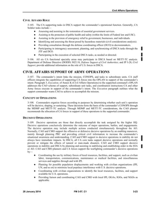 Civil Affairs Operations
28 January 2014 FM 3-57, C1 3-23
CIVIL AFFAIRS ROLE
3-105. The CA supporting tasks in DSCA support the commander’s operational function. Generally, CA
Soldier tasks include—
 Assessing and assisting in the restoration of essential government services.
 Assisting in the protection of public health and safety (within the limits of Federal law and USC).
 Assisting in the provision of emergency relief to government, businesses, and individuals.
 Identifying and assessing the threat posed by hazardous materials (civil considerations analysis).
 Providing consultation through the defense coordinating officer (DCO) to decisionmakers.
 Participating in interagency assessment, planning, and synchronizing of DSCA tasks through the
JTF and DCO.
 Participating in the execution of selected DSCA tasks, as needed or directed.
3-106. All six CA functional specialty areas may participate in DSCA based on METT-TC analysis.
Department of Defense Directive (DODD) 3025.18, Defense Support of Civil Authorities; and JP 3-28, Civil
Support, provide additional information on the role of U.S. forces in DSCA.
CIVIL AFFAIRS SUPPORT OF ARMY OPERATIONS
3-107. The commander’s intent links the mission, CONOPS, and tasks to subordinate units. CA staff
officers integrate the capabilities of supporting CA forces into the OPLAN in support of the commander’s
intent. Paragraph 3, Execution, of Annex K (Civil Affairs Operations) to the supported command’s OPLAN
addresses the CAO scheme of support, subordinate unit tasks, and coordination instructions CA and other
Army forces execute in support of the commander’s intent. The Execution paragraph outlines what the
support commander wants CAO to achieve to accomplish the mission.
CONCEPT OF OPERATIONS
3-108. Commanders organize forces according to purposes by determining whether each unit’s operation
will be decisive, shaping, or sustaining. These decisions form the basis of the commander’s CONOPS through
the MDMP and METT-TC analysis. Through MDMP and METT-TC considerations, the CAO planner
recommends the allocation of CA forces in support of these operations to the supported commander.
DECISIVE OPERATIONS
3-109. Decisive operations are those that directly accomplish the task assigned by the higher HQ.
Decisive operations conclusively determine the outcome of major operations, battles, and engagements.
The decisive operation may include multiple actions conducted simultaneously throughout the AO.
Normally, CAO and CMO support the offensive or defensive decisive operations by an enabling maneuver,
mainly through planning PRC and providing critical civil information to increase the commander’s
situational awareness and understanding. CAO and CMO support to decisive operations in stability do not
always have immediate impacts. In DSCA, all CA core tasks support decisive operations and normally
prevent or mitigate the effects of natural or man-made disasters. CAO and CMO support decisive
operations in stability and DSCA by planning and assisting in stabilizing and establishing order in the JOA
or AO. CAO and CMO planners and CA forces support the warfighting commander’s decisive operations
by—
 Coordinating the use by military forces of local resources, facilities, and support, such as civilian
labor, transportation, communications, maintenance or medical facilities, and miscellaneous
services and supplies through and with IPI.
 Planning for possible population displacements and working with civilian organizations (IPI,
UN, and so on) to minimize local populace interference with U.S. decisive operations.
 Coordinating with civilian organizations to identify the local resources, facilities, and support
available for U.S. operations.
 Providing liaison and coordinating CAO and CMO with local IPI, OGAs, IGOs, and NGOs as
applicable.
 