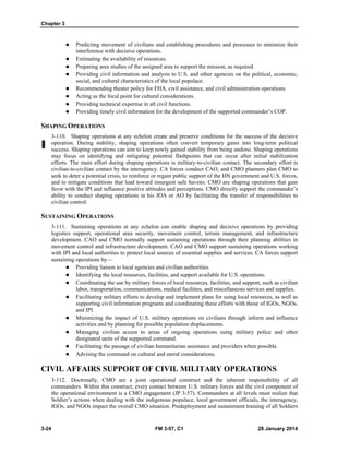 Chapter 3
3-24 FM 3-57, C1 28 January 2014
 Predicting movement of civilians and establishing procedures and processes to minimize their
interference with decisive operations.
 Estimating the availability of resources.
 Preparing area studies of the assigned area to support the mission, as required.
 Providing civil information and analysis to U.S. and other agencies on the political, economic,
social, and cultural characteristics of the local populace.
 Recommending theater policy for FHA, civil assistance, and civil administration operations.
 Acting as the focal point for cultural considerations.
 Providing technical expertise in all civil functions.
 Providing timely civil information for the development of the supported commander’s COP.
SHAPING OPERATIONS
3-110. Shaping operations at any echelon create and preserve conditions for the success of the decisive
operation. During stability, shaping operations often convert temporary gains into long-term political
success. Shaping operations can aim to keep newly gained stability from being undone. Shaping operations
may focus on identifying and mitigating potential flashpoints that can occur after initial stabilization
efforts. The main effort during shaping operations is military-to-civilian contact. The secondary effort is
civilian-to-civilian contact by the interagency. CA forces conduct CAO, and CMO planners plan CMO to
seek to deter a potential crisis, to reinforce or regain public support of the HN government and U.S. forces,
and to mitigate conditions that lead toward insurgent safe havens. CMO are shaping operations that gain
favor with the IPI and influence positive attitudes and perceptions. CMO directly support the commander’s
ability to conduct shaping operations in his JOA or AO by facilitating the transfer of responsibilities to
civilian control.
SUSTAINING OPERATIONS
3-111. Sustaining operations at any echelon can enable shaping and decisive operations by providing
logistics support, operational area security, movement control, terrain management, and infrastructure
development. CAO and CMO normally support sustaining operations through their planning abilities in
movement control and infrastructure development. CAO and CMO support sustaining operations working
with IPI and local authorities to protect local sources of essential supplies and services. CA forces support
sustaining operations by—
 Providing liaison to local agencies and civilian authorities.
 Identifying the local resources, facilities, and support available for U.S. operations.
 Coordinating the use by military forces of local resources, facilities, and support, such as civilian
labor, transportation, communications, medical facilities, and miscellaneous services and supplies.
 Facilitating military efforts to develop and implement plans for using local resources, as well as
supporting civil information programs and coordinating these efforts with those of IGOs, NGOs,
and IPI.
 Minimizing the impact of U.S. military operations on civilians through inform and influence
activities and by planning for possible population displacements.
 Managing civilian access to areas of ongoing operations using military police and other
designated units of the supported command.
 Facilitating the passage of civilian humanitarian assistance and providers when possible.
 Advising the command on cultural and moral considerations.
CIVIL AFFAIRS SUPPORT OF CIVIL MILITARY OPERATIONS
3-112. Doctrinally, CMO are a joint operational construct and the inherent responsibility of all
commanders. Within this construct, every contact between U.S. military forces and the civil component of
the operational environment is a CMO engagement (JP 3-57). Commanders at all levels must realize that
Soldier’s actions when dealing with the indigenous populace, local government officials, the interagency,
IGOs, and NGOs impact the overall CMO situation. Predeployment and sustainment training of all Soldiers
 