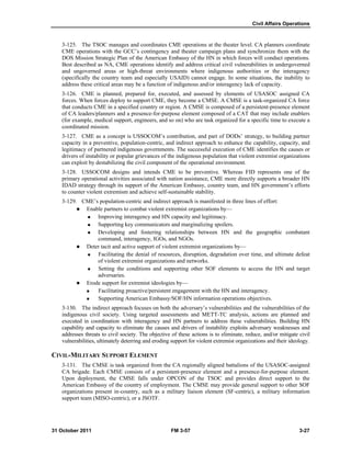 Civil Affairs Operations
31 October 2011 FM 3-57 3-27
3-125. The TSOC manages and coordinates CME operations at the theater level. CA planners coordinate
CME operations with the GCC’s contingency and theater campaign plans and synchronize them with the
DOS Mission Strategic Plan of the American Embassy of the HN in which forces will conduct operations.
Best described as NA, CME operations identify and address critical civil vulnerabilities in undergoverned
and ungoverned areas or high-threat environments where indigenous authorities or the interagency
(specifically the country team and especially USAID) cannot engage. In some situations, the inability to
address these critical areas may be a function of indigenous and/or interagency lack of capacity.
3-126. CME is planned, prepared for, executed, and assessed by elements of USASOC assigned CA
forces. When forces deploy to support CME, they become a CMSE. A CMSE is a task-organized CA force
that conducts CME in a specified country or region. A CMSE is composed of a persistent-presence element
of CA leaders/planners and a presence-for-purpose element composed of a CAT that may include enablers
(for example, medical support, engineers, and so on) who are task organized for a specific time to execute a
coordinated mission.
3-127. CME as a concept is USSOCOM’s contribution, and part of DODs’ strategy, to building partner
capacity in a preventive, population-centric, and indirect approach to enhance the capability, capacity, and
legitimacy of partnered indigenous governments. The successful execution of CME identifies the causes or
drivers of instability or popular grievances of the indigenous population that violent extremist organizations
can exploit by destabilizing the civil component of the operational environment.
3-128. USSOCOM designs and intends CME to be preventive. Whereas FID represents one of the
primary operational activities associated with nation assistance, CME more directly supports a broader HN
IDAD strategy through its support of the American Embassy, country team, and HN government’s efforts
to counter violent extremism and achieve self-sustainable stability.
3-129. CME’s population-centric and indirect approach is manifested in three lines of effort:
 Enable partners to combat violent extremist organizations by—
 Improving interagency and HN capacity and legitimacy.
 Supporting key communicators and marginalizing spoilers.
 Developing and fostering relationships between HN and the geographic combatant
command, interagency, IGOs, and NGOs.
 Deter tacit and active support of violent extremist organizations by—
 Facilitating the denial of resources, disruption, degradation over time, and ultimate defeat
of violent extremist organizations and networks.
 Setting the conditions and supporting other SOF elements to access the HN and target
adversaries.
 Erode support for extremist ideologies by—
 Facilitating proactive/persistent engagement with the HN and interagency.
 Supporting American Embassy/SOF/HN information operations objectives.
3-130. The indirect approach focuses on both the adversary’s vulnerabilities and the vulnerabilities of the
indigenous civil society. Using targeted assessments and METT-TC analysis, actions are planned and
executed in coordination with interagency and HN partners to address these vulnerabilities. Building HN
capability and capacity to eliminate the causes and drivers of instability exploits adversary weaknesses and
addresses threats to civil society. The objective of these actions is to eliminate, reduce, and/or mitigate civil
vulnerabilities, ultimately deterring and eroding support for violent extremist organizations and their ideology.
CIVIL-MILITARY SUPPORT ELEMENT
3-131. The CMSE is task organized from the CA regionally aligned battalions of the USASOC-assigned
CA brigade. Each CMSE consists of a persistent-presence element and a presence-for-purpose element.
Upon deployment, the CMSE falls under OPCON of the TSOC and provides direct support to the
American Embassy of the country of employment. The CMSE may provide general support to other SOF
organizations present in-country, such as a military liaison element (SF-centric), a military information
support team (MISO-centric), or a JSOTF.
 
