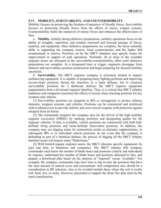 FM 3-21.11
5-17. MOBILITY, SURVIVABILITY, AND COUNTERMOBILITY
Mobility focuses on preserving the freedom of maneuver of friendly forces. Survivability
focuses on protecting friendly forces from the effects of enemy weapon systems.
Countermobility limits the maneuver of enemy forces and enhances the effectiveness of
fires.
a. Mobility. Initially during defensive preparations, mobility operations focus on the
ability to resupply, reposition, and conduct rearward and forward passage of forces,
material, and equipment. Once defensive preparations are complete, the focus normally
shifts to supporting the company reserve, local counterattacks, and the higher HQ
counterattack or reserve. Priorities set by the SBCT battalion may specify routes for
improvement in support of such operations. Normally, all or most of the available
engineer assets are allocated to the survivability/countermobility effort until defensive
preparations are complete. At a designated time or trigger, engineers disengage from
obstacle and survivability position construction and begin preparing for focused mobility
operations.
b. Survivability. The SBCT engineer company is extremely limited in organic
earthmoving equipment. It is capable of preparing hasty fighting positions and improving
reverse-slope positions during the transition to a hasty defense, but to construct
survivability positions for a deliberate defense, the SBCT requires equipment
augmentation from a divisional engineer battalion. Thus, it is critical that SBCT infantry
battalions and companies maximize the effects of terrain when selecting positions for key
weapons and vehicles.
(1) Survivability positions are prepared in BPs or strongpoints to protect infantry
elements, weapons systems, and vehicles. Positions can be constructed and reinforced
with overhead cover to provide infantry and crew-served weapons with protection against
shrapnel from air bursts.
(2) The commander prepares the company area for the arrival of the high mobility
engineer excavators (HMEE) by marking positions and designating guides for the
engineer vehicles. If time is available, vehicle positions are constructed with both hull-
defilade firing positions and turret-defilade observation positions. In addition, the
company may use digging assets for ammunition caches at alternate, supplementary, or
subsequent BPs or in individual vehicle positions. In the event that the company is
defending as part of a battalion defense, the process of digging all the SBCT infantry
battalion assets will require many "blade hours."
(3) With limited organic engineer assets, the SBCT allocates specific equipment, by
type and time, to battalions and companies. The SBCT infantry rifle company
commander must know the number of blade hours and positions (vehicle and individual)
he requires, understand the number of blade hours and positions allocated to him, and
prepare a prioritized plan based on his analysis of "required" versus "available." For
example, the company commander may have time to dig in only the positions that have
the least amount of natural cover and concealment. Soil composition also should be a
consideration in BP selection; sites to be avoided include those where the soil is overly
soft, hard, wet, or rocky. However, placement to support the direct fire plan must be the
main consideration.
5-9
 