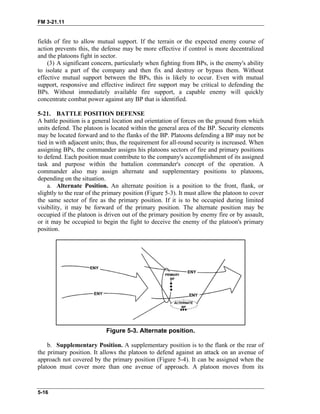 FM 3-21.11
fields of fire to allow mutual support. If the terrain or the expected enemy course of
action prevents this, the defense may be more effective if control is more decentralized
and the platoons fight in sector.
(3) A significant concern, particularly when fighting from BPs, is the enemy's ability
to isolate a part of the company and then fix and destroy or bypass them. Without
effective mutual support between the BPs, this is likely to occur. Even with mutual
support, responsive and effective indirect fire support may be critical to defending the
BPs. Without immediately available fire support, a capable enemy will quickly
concentrate combat power against any BP that is identified.
5-21. BATTLE POSITION DEFENSE
A battle position is a general location and orientation of forces on the ground from which
units defend. The platoon is located within the general area of the BP. Security elements
may be located forward and to the flanks of the BP. Platoons defending a BP may not be
tied in with adjacent units; thus, the requirement for all-round security is increased. When
assigning BPs, the commander assigns his platoons sectors of fire and primary positions
to defend. Each position must contribute to the company's accomplishment of its assigned
task and purpose within the battalion commander's concept of the operation. A
commander also may assign alternate and supplementary positions to platoons,
depending on the situation.
a. Alternate Position. An alternate position is a position to the front, flank, or
slightly to the rear of the primary position (Figure 5-3). It must allow the platoon to cover
the same sector of fire as the primary position. If it is to be occupied during limited
visibility, it may be forward of the primary position. The alternate position may be
occupied if the platoon is driven out of the primary position by enemy fire or by assault,
or it may be occupied to begin the fight to deceive the enemy of the platoon's primary
position.
Figure 5-3. Alternate position.
b. Supplementary Position. A supplementary position is to the flank or the rear of
the primary position. It allows the platoon to defend against an attack on an avenue of
approach not covered by the primary position (Figure 5-4). It can be assigned when the
platoon must cover more than one avenue of approach. A platoon moves from its
5-16
 