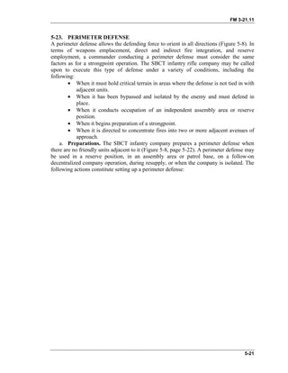 FM 3-21.11
5-23. PERIMETER DEFENSE
A perimeter defense allows the defending force to orient in all directions (Figure 5-8). In
terms of weapons emplacement, direct and indirect fire integration, and reserve
employment, a commander conducting a perimeter defense must consider the same
factors as for a strongpoint operation. The SBCT infantry rifle company may be called
upon to execute this type of defense under a variety of conditions, including the
following:
• When it must hold critical terrain in areas where the defense is not tied in with
adjacent units.
• When it has been bypassed and isolated by the enemy and must defend in
place.
• When it conducts occupation of an independent assembly area or reserve
position.
• When it begins preparation of a strongpoint.
• When it is directed to concentrate fires into two or more adjacent avenues of
approach.
a. Preparations. The SBCT infantry company prepares a perimeter defense when
there are no friendly units adjacent to it (Figure 5-8, page 5-22). A perimeter defense may
be used in a reserve position, in an assembly area or patrol base, on a follow-on
decentralized company operation, during resupply, or when the company is isolated. The
following actions constitute setting up a perimeter defense:
5-21
 