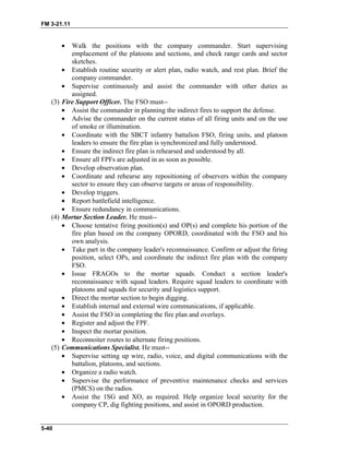 FM 3-21.11
•
•
•
•
•
•
•
•
•
•
•
•
•
•
•
•
•
•
•
•
•
•
•
•
•
•
Walk the positions with the company commander. Start supervising
emplacement of the platoons and sections, and check range cards and sector
sketches.
Establish routine security or alert plan, radio watch, and rest plan. Brief the
company commander.
Supervise continuously and assist the commander with other duties as
assigned.
(3) Fire Support Officer. The FSO must--
Assist the commander in planning the indirect fires to support the defense.
Advise the commander on the current status of all firing units and on the use
of smoke or illumination.
Coordinate with the SBCT infantry battalion FSO, firing units, and platoon
leaders to ensure the fire plan is synchronized and fully understood.
Ensure the indirect fire plan is rehearsed and understood by all.
Ensure all FPFs are adjusted in as soon as possible.
Develop observation plan.
Coordinate and rehearse any repositioning of observers within the company
sector to ensure they can observe targets or areas of responsibility.
Develop triggers.
Report battlefield intelligence.
Ensure redundancy in communications.
(4) Mortar Section Leader. He must--
Choose tentative firing position(s) and OP(s) and complete his portion of the
fire plan based on the company OPORD, coordinated with the FSO and his
own analysis.
Take part in the company leader's reconnaissance. Confirm or adjust the firing
position, select OPs, and coordinate the indirect fire plan with the company
FSO.
Issue FRAGOs to the mortar squads. Conduct a section leader's
reconnaissance with squad leaders. Require squad leaders to coordinate with
platoons and squads for security and logistics support.
Direct the mortar section to begin digging.
Establish internal and external wire communications, if applicable.
Assist the FSO in completing the fire plan and overlays.
Register and adjust the FPF.
Inspect the mortar position.
Reconnoiter routes to alternate firing positions.
(5) Communications Specialist. He must--
Supervise setting up wire, radio, voice, and digital communications with the
battalion, platoons, and sections.
Organize a radio watch.
Supervise the performance of preventive maintenance checks and services
(PMCS) on the radios.
Assist the 1SG and XO, as required. Help organize local security for the
company CP, dig fighting positions, and assist in OPORD production.
5-40
 