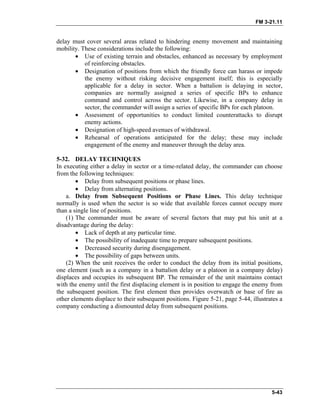 FM 3-21.11
delay must cover several areas related to hindering enemy movement and maintaining
mobility. These considerations include the following:
• Use of existing terrain and obstacles, enhanced as necessary by employment
of reinforcing obstacles.
• Designation of positions from which the friendly force can harass or impede
the enemy without risking decisive engagement itself; this is especially
applicable for a delay in sector. When a battalion is delaying in sector,
companies are normally assigned a series of specific BPs to enhance
command and control across the sector. Likewise, in a company delay in
sector, the commander will assign a series of specific BPs for each platoon.
• Assessment of opportunities to conduct limited counterattacks to disrupt
enemy actions.
• Designation of high-speed avenues of withdrawal.
• Rehearsal of operations anticipated for the delay; these may include
engagement of the enemy and maneuver through the delay area.
5-32. DELAY TECHNIQUES
In executing either a delay in sector or a time-related delay, the commander can choose
from the following techniques:
• Delay from subsequent positions or phase lines.
• Delay from alternating positions.
a. Delay from Subsequent Positions or Phase Lines. This delay technique
normally is used when the sector is so wide that available forces cannot occupy more
than a single line of positions.
(1) The commander must be aware of several factors that may put his unit at a
disadvantage during the delay:
• Lack of depth at any particular time.
• The possibility of inadequate time to prepare subsequent positions.
• Decreased security during disengagement.
• The possibility of gaps between units.
(2) When the unit receives the order to conduct the delay from its initial positions,
one element (such as a company in a battalion delay or a platoon in a company delay)
displaces and occupies its subsequent BP. The remainder of the unit maintains contact
with the enemy until the first displacing element is in position to engage the enemy from
the subsequent position. The first element then provides overwatch or base of fire as
other elements displace to their subsequent positions. Figure 5-21, page 5-44, illustrates a
company conducting a dismounted delay from subsequent positions.
5-43
 