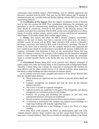 FM 3-21.11
commanders must carefully analyze which buildings must be isolated, suppressed, and
obscured, consistent with the ROE. They may use the MGS platoon and, if attached to
mechanized units, any available tanks and Bradley fighting vehicles (BFVs) as shields for
maneuvering platoons.
(4) Coordination of Fire Support. Most fire support coordination occurs at battalion
level to take into account the ROE. Prior coordination determines the techniques and
procedures to use for communicating, identifying targets, and shifting fires. The FIST
chief should be extensively involved in this portion of the planning process. The
company must plan fires consistent with the ROE, giving extra consideration to civilians,
houses of worship, medical centers, schools, public services, and historical monuments.
(See Chapter 10 for further details about combat support assets.)
b. Enemy. Key factors that affect the SBCT infantry company commander’s
analysis are the type of enemy force that is expected in the urban area, the enemy’s
probable courses of action, and the ROE. More restrictive ROE work to a defender’s
advantage; conversely, less restrictive ROE work to an attacker’s advantage. The type of
threat is one factor used to determine how the company should be task organized and
how combat power should be synchronized to accomplish the mission. Additionally, the
company commander must determine if there are any asymmetrical threats that may
affect the company’s mission. For example, if the company has the mission to safeguard
(seize) a water treatment facility that is determined to be key terrain, the commander
needs to consider possible threats to the facility that may not be direct force-on-force
actions.
(1) Conventional Forces. Many third world countries have adopted techniques of
urban combat from either the United States or the Commonwealth of Independent States.
Therefore, a future threat may consider the motorized or mechanized rifle battalion the
most effective unit for urban combat because of its inherent mobility, armor protection,
and ability to adapt buildings and other structures for defense quickly.
(a) In countries that have forces equipped and trained as in the former Warsaw Pact,
there are standard urban defenses:
• Threat defenses are organized into two echelons to provide greater depth and
reserves.
• Company strongpoints are prepared and form the basis for the battalion
defensive position.
• The reserve is located in a separate strongpoint.
• Ambush locations are established in the gaps of the strongpoints, and dummy
strongpoints are constructed to deceive the attacker.
• Positions for securing and defending the entrances to and exits from
underground structures and routes are established.
• Security positions are prepared forward of first echelon defensive positions.
• A motorized or mechanized rifle company may defend several buildings or a
single large building with mutually supporting fires.
• Each platoon defends one or two buildings, or one or two floors of a single
building.
(b) In many third world countries, the forces are predominantly light with some
outdated armored vehicles. Some countries may not have actual armed forces but have
some form of armed militia(s). These forces normally do not fight a defense in the former
6-13
 