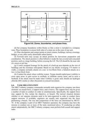 FM 3-21.11
Figure 6-8. Zones, boundaries, and phase lines.
(d) Set company boundaries within blocks so that a street is included in a company
zone. Place boundaries to ensure both sides of a street are in the zone of one unit.
(e) Plan checkpoints and contact points at street corners, buildings, railway crossings,
bridges, or any other easily identifiable urban feature.
(f) Forward units may occupy an attack position for last-minute preparation and
coordination. The attack position is often behind or inside the last covered and concealed
position, such as a large building, before crossing the LD. The LD should be the near side
of a street or rail line.
(g) A unit's assigned frontage for the attack of a built-up area depends on the size of
buildings and the resistance anticipated. Based on city blocks averaging 175 meters in
width, a company normally attacks on a one- to two-block front; a battalion attacks on a
two- to four-block front.
(h) Conduct the attack when visibility is poor. Troops should exploit poor visibility to
cross open areas, to gain access to rooftops, to infiltrate enemy areas, and to seize a
foothold. If the attack must be made when visibility is good, units should use hydrogen
chloride (HC) smoke or other obscurants to conceal movement.
6-6. TASK ORGANIZATION
The SBCT infantry company commander normally task-organizes his company into three
elements: an assault force, a support force, and a reserve. The support force may be given
a number of tasks to conduct on order or simultaneously. Specifically, the support force
may support by fire, isolate the objective, or breach. The tactical situation dictates
whether or not separate elements need to be task-organized in order to conduct these
support missions. If available, engineers are usually task organized into the force
performing a breach. The size and composition of the force are determined by METT-
TC. If the company is part of an SBCT battalion operation, the company may have the
mission to conduct one or more of the tasks mentioned above. If conducting an urban
attack independently, the SBCT infantry company must perform both assault and support
tasks.
6-18
 