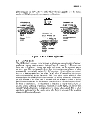FM 3-21.11
platoon sergeant are the VCs for two of the MGS vehicles. (Appendix B of this manual
details the MGS platoon and its employment considerations.)
Figure 1-9. MGS platoon organization.
1-9. SNIPER TEAM
The SBCT infantry company employs snipers as a three-man team, consisting of a sniper,
an observer, and one man who secures the team (Figure 1-10, page 1-12). The senior man
in the team is the observer, the next most senior is the sniper, and the junior man secures
the sniper team. The team is capable of providing the company with a full range of sniper
support and is equipped with both the M24 7.62-mm sniper rifle (providing antipersonnel
fires out to 800 meters) and the .50-caliber XM107 sniper rifle (providing antipersonnel
and antiequipment fires beyond 800 meters). This “arms room” concept allows the sniper
team to employ the sniper system that best supports the mission parameters. Additionally,
the third member of the sniper team is equipped with an M203 rifle system to provide
protection and security for the sniper and his spotter as well as a means to break contact if
the team is compromised. The sniper team is employed to support maneuver, to kill
essential enemy leadership or command personnel, to disable lightly armored or “thin
skinned” vehicles, to enhance force protection, to provide lethal accurate fires in urban
operations, and to perform the counter-sniper role. Refer to Appendix C for a detailed
discussion of Sniper employment.
1-11
 