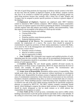FM 3-21.11
The lack of good firing positions for long-range air defense missile systems in the built-
up area may limit the number of deployed weapons. In the defense, weapons systems
may have to be winched or airlifted into positions. Rooftops and parking garages are
good firing positions because they normally offer a better line of sight. Stingers and
Avengers may be assigned to protect specific positions or function in general support of
the battalion.
(4) Employment of Engineers. Engineers are employed under SBCT battalion
control or attached to SBCT infantry companies. SBCT infantry company commanders
may receive an engineer squad to assist them in preparing the defense. Commanders must
consider engineer tasks that enhance survivability, mobility, and countermobility. Tasks
that engineers can accomplish in the defense of a built-up area include--
• Constructing obstacles and rubbling.
• Clearing fields of fire.
• Laying mines.
• Preparing mobility routes between positions.
• Preparing fighting positions.
(5) Employment of the Reserve. The commander's defensive plan must always
consider the employment of a reserve. The reserve force should be prepared to
counterattack to regain key positions, to block enemy penetrations, to protect the flanks,
or to assist by fire in the disengagement and withdrawal of positions. For combat in a
built-up area, a reserve force--
• Normally consists of infantry.
• Must be as mobile as possible.
• May be supported by an MGS.
e. Time Available. The commander must organize and establish priorities of work,
depending upon the time available. Many tasks can be accomplished simultaneously, but
priorities for preparation should be in accordance with the commander's order. A sample
priority of work sequence follows:
(1) Establish Security. The unit should quickly establish all-round security by
placing forces on likely avenues of approaches. METT-TC factors determine the level of
security (for example, 50 percent or 30 percent). The reconnaissance and
counterreconnaissance plan should be emphasized.
(2) Assign Areas of Responsibility. Boundaries define sectors of responsibility. They
include areas where units may fire and maneuver without interference or coordination
with other units. Responsibility for primary avenues of approach should never be split. In
areas of semidetached construction, where observation and movement are less restricted,
boundaries should be established along alleys or streets to include both sides of a street in
a single sector. Where buildings present a solid front along streets, boundaries may have
to extend to one side of the street. Battle positions should also be specifically assigned to
platoons, as required by METT-TC. The SBCT infantry company commander should
specify which building(s) comprise the platoon battle position or strongpoint. Positions
should be clearly designated so that no doubt remains as to which platoon has
responsibility for occupation or control.
(3) Clear Fields of Fire. In built-up areas, commanders may need to rubble certain
buildings and structures to provide greater protection and fields of fire to the defender. If
the ceiling of a lower-story room can support the weight of the rubble, collapsing the top
6-37
 